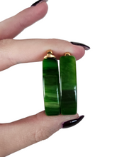 Load image into Gallery viewer, 1940s Green Marbled Bakelite Triangle Hoop Earrings
