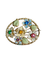 Load image into Gallery viewer, 1930s Czech Bright Glass and Enamel Multicoloured Flower Leaf Brooch
