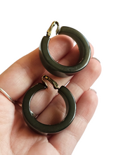 Load image into Gallery viewer, 1940s Khaki Sheer Green Bakelite Hoop Earrings
