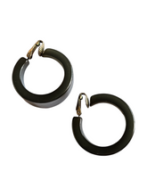 Load image into Gallery viewer, 1940s Khaki Sheer Green Bakelite Hoop Earrings
