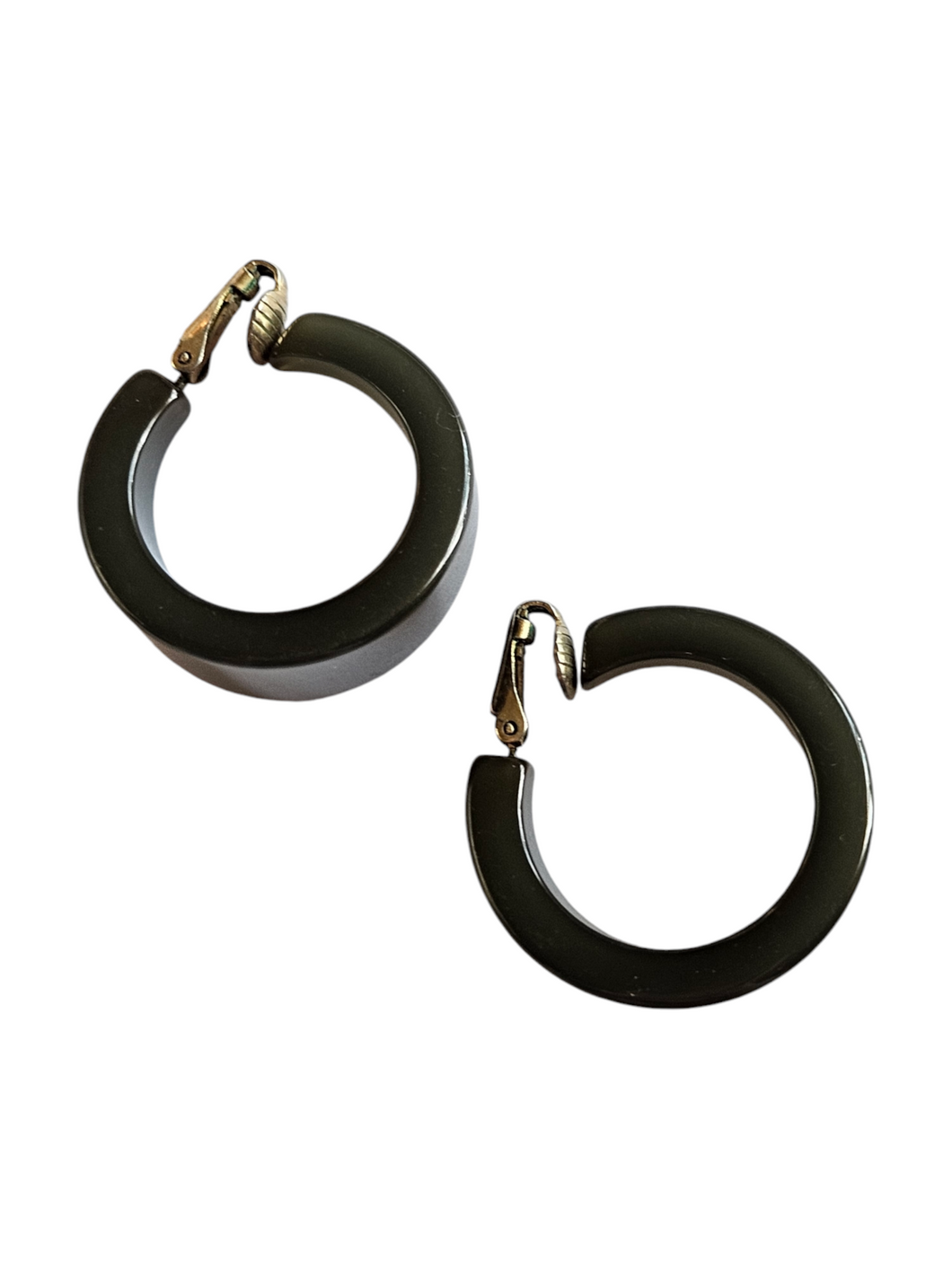 1940s Khaki Sheer Green Bakelite Hoop Earrings