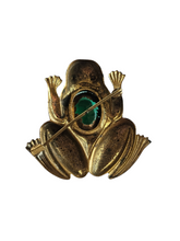 Load image into Gallery viewer, 1930s Deco Green Glass and Brass Frog Brooch
