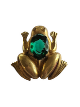 Load image into Gallery viewer, 1930s Deco Green Glass and Brass Frog Brooch
