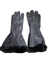 Load image into Gallery viewer, 1940s Black Fur and Leather Gauntlet Gloves
