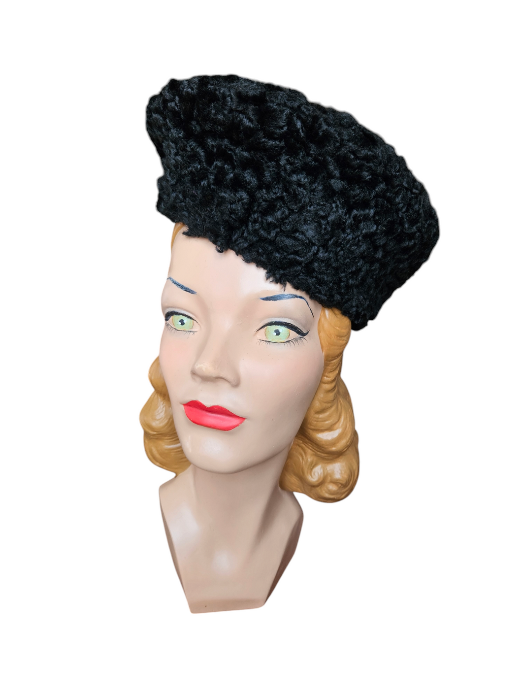 1940s Black Astrakhan Fur Tilt Crown Hat