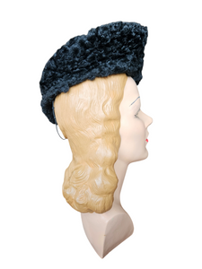 1940s Black Astrakhan Fur Tilt Crown Hat