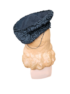 1940s Black Astrakhan Fur Tilt Crown Hat