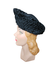 1940s Black Astrakhan Fur Tilt Crown Hat