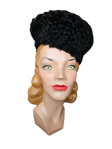 1940s Black Astrakhan Fur Tilt Crown Hat