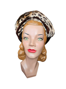 1940s Brown Velvet and Leopard Print Fur Hat