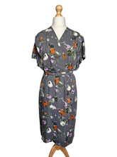 Load image into Gallery viewer, Late 1940s Lilac, Black, White and Orange Floral Dress
