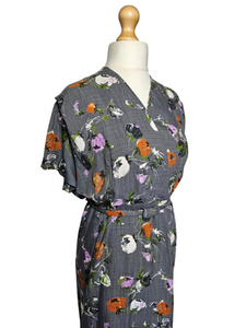 Late 1940s Lilac, Black, White and Orange Floral Dress