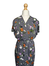 Load image into Gallery viewer, Late 1940s Lilac, Black, White and Orange Floral Dress
