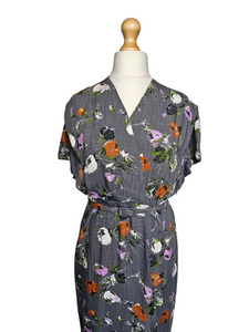 Late 1940s Lilac, Black, White and Orange Floral Dress