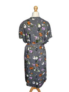 Late 1940s Lilac, Black, White and Orange Floral Dress