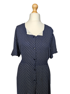 1940s Navy Blue and White Checked Print Dress