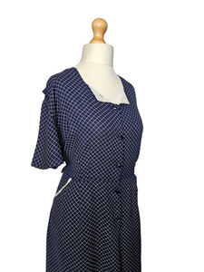 1940s Navy Blue and White Checked Print Dress