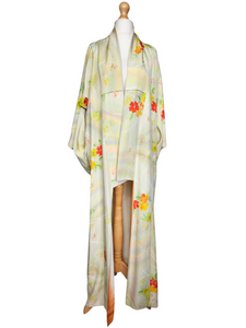 1950s Cream/Yellow/Red/Orange Flower Long Kimono