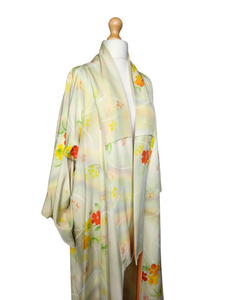 1950s Cream/Yellow/Red/Orange Flower Long Kimono