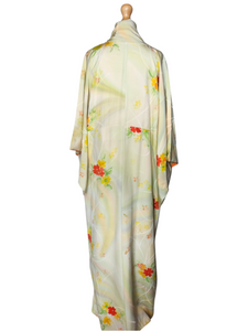 1950s Cream/Yellow/Red/Orange Flower Long Kimono