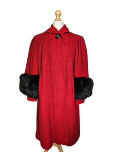 Late 1940s Red Swing Coat With Black Fur Cuffs