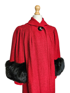 Late 1940s Red Swing Coat With Black Fur Cuffs