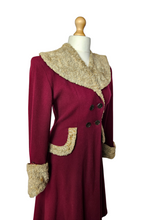 Load image into Gallery viewer, 1940s Raspberry Red and Grey/Beige Fur Trim Princess Coat
