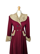 Load image into Gallery viewer, 1940s Raspberry Red and Grey/Beige Fur Trim Princess Coat
