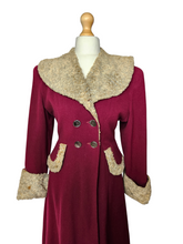 Load image into Gallery viewer, 1940s Raspberry Red and Grey/Beige Fur Trim Princess Coat
