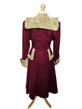 Load image into Gallery viewer, 1940s Raspberry Red and Grey/Beige Fur Trim Princess Coat
