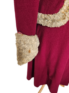 1940s Raspberry Red and Grey/Beige Fur Trim Princess Coat