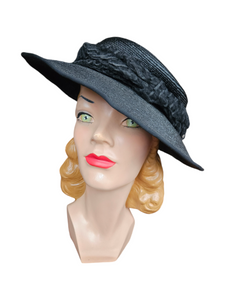 1940s Black Raffia/Straw Tilt Hat