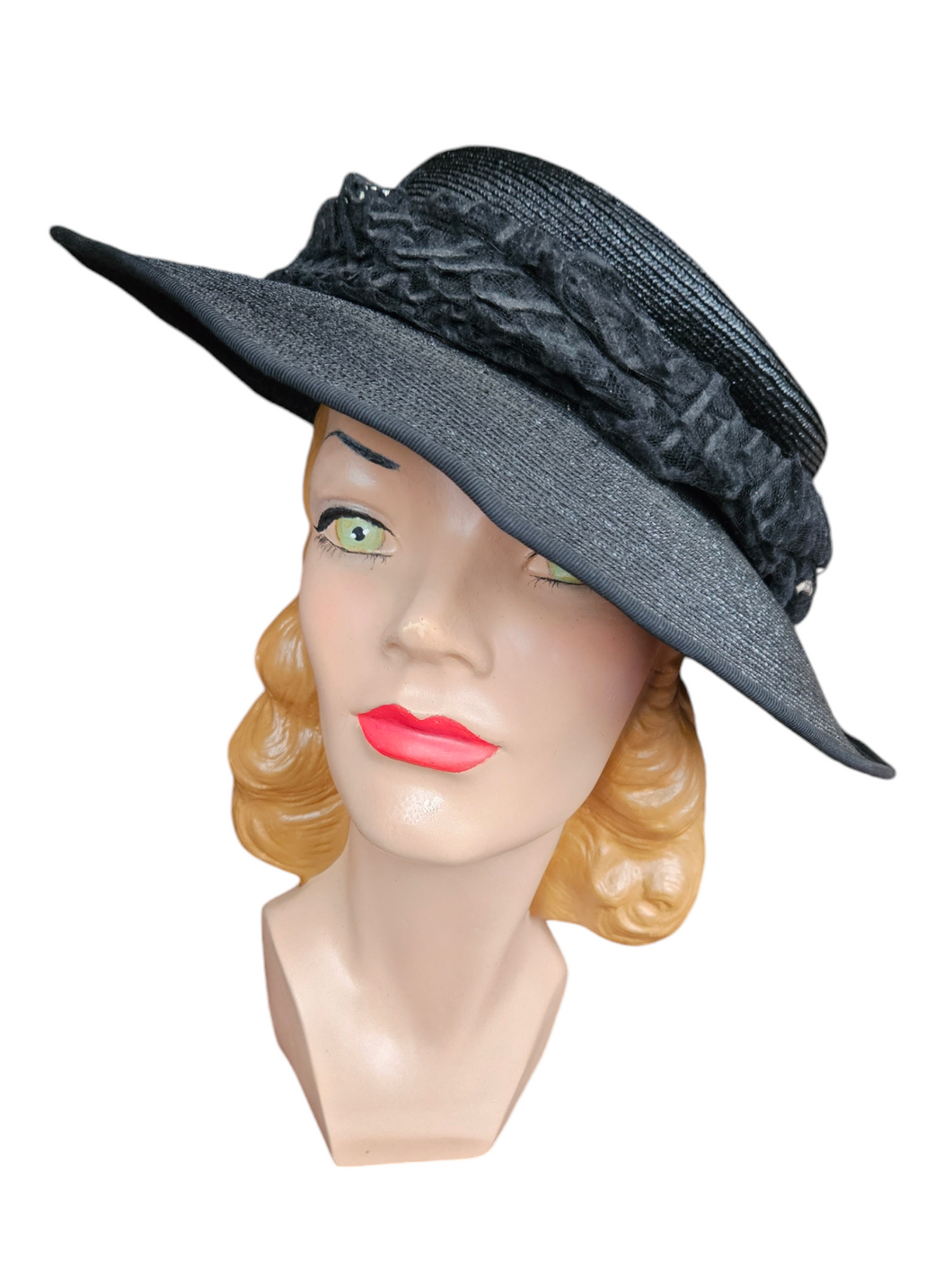 1940s Black Raffia/Straw Tilt Hat