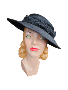 1940s Black Raffia/Straw Tilt Hat