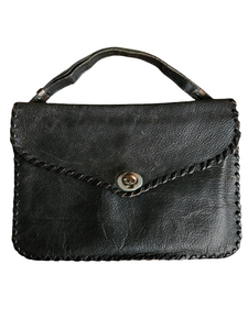 1940s Black Leather Blanket Stitch Bag