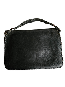 1940s Black Leather Blanket Stitch Bag