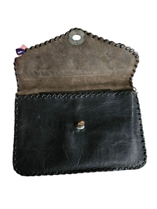 1940s Black Leather Blanket Stitch Bag