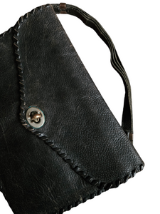 1940s Black Leather Blanket Stitch Bag