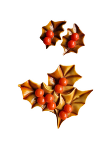 1940s Brown Christmas Holly Celluloid Earrings and Brooch Set