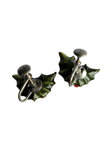 1940s Green Double Holly Christmas Earrings