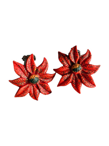 1940s Red Christmas Celluloid Glitter Poinsettia Earrings