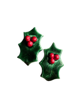 Load image into Gallery viewer, 1940s Green Christmas Holly Ceramic Earrings
