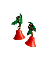 Load image into Gallery viewer, 1940s Red Holly and Christmas Bell Celluloid Earrings
