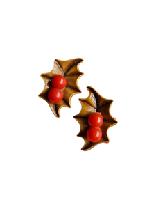 1940s Brown Christmas Holly Celluloid Earrings B