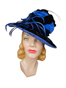 1940s Black Velvet and Colbalt Blue Feather Hat