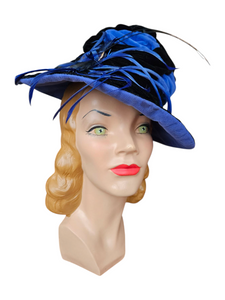 1940s Black Velvet and Colbalt Blue Feather Hat