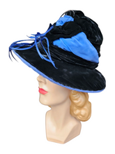 Load image into Gallery viewer, 1940s Black Velvet and Colbalt Blue Feather Hat
