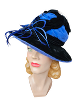 Load image into Gallery viewer, 1940s Black Velvet and Colbalt Blue Feather Hat
