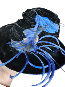 1940s Black Velvet and Colbalt Blue Feather Hat