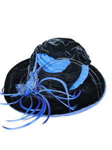 1940s Black Velvet and Colbalt Blue Feather Hat